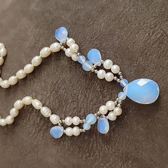 HANDMADE Freshwater Pearl Knotted Opalite Teardrop Festoon Landgirl Necklace - Picture 7 of 8
